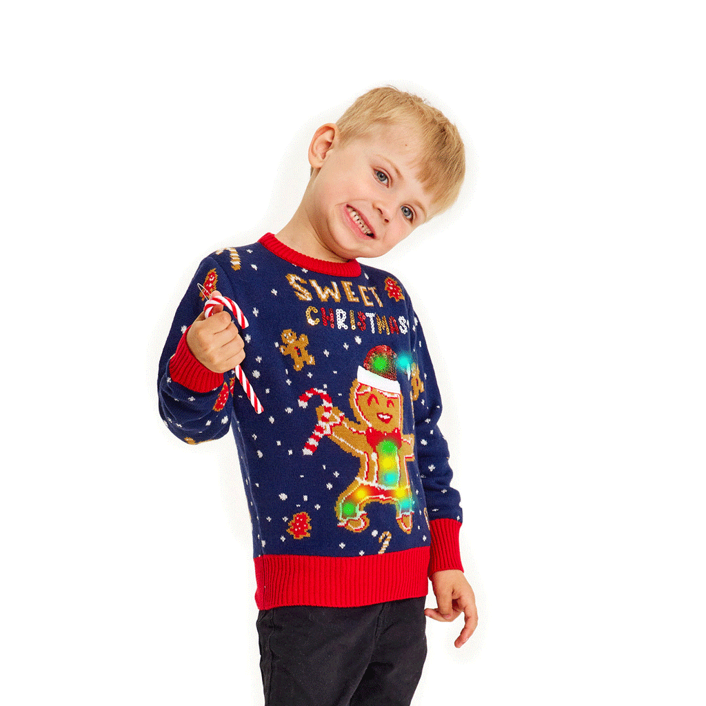 Blue LED light-up Family Ugly Christmas Sweater Ginger Cookie 