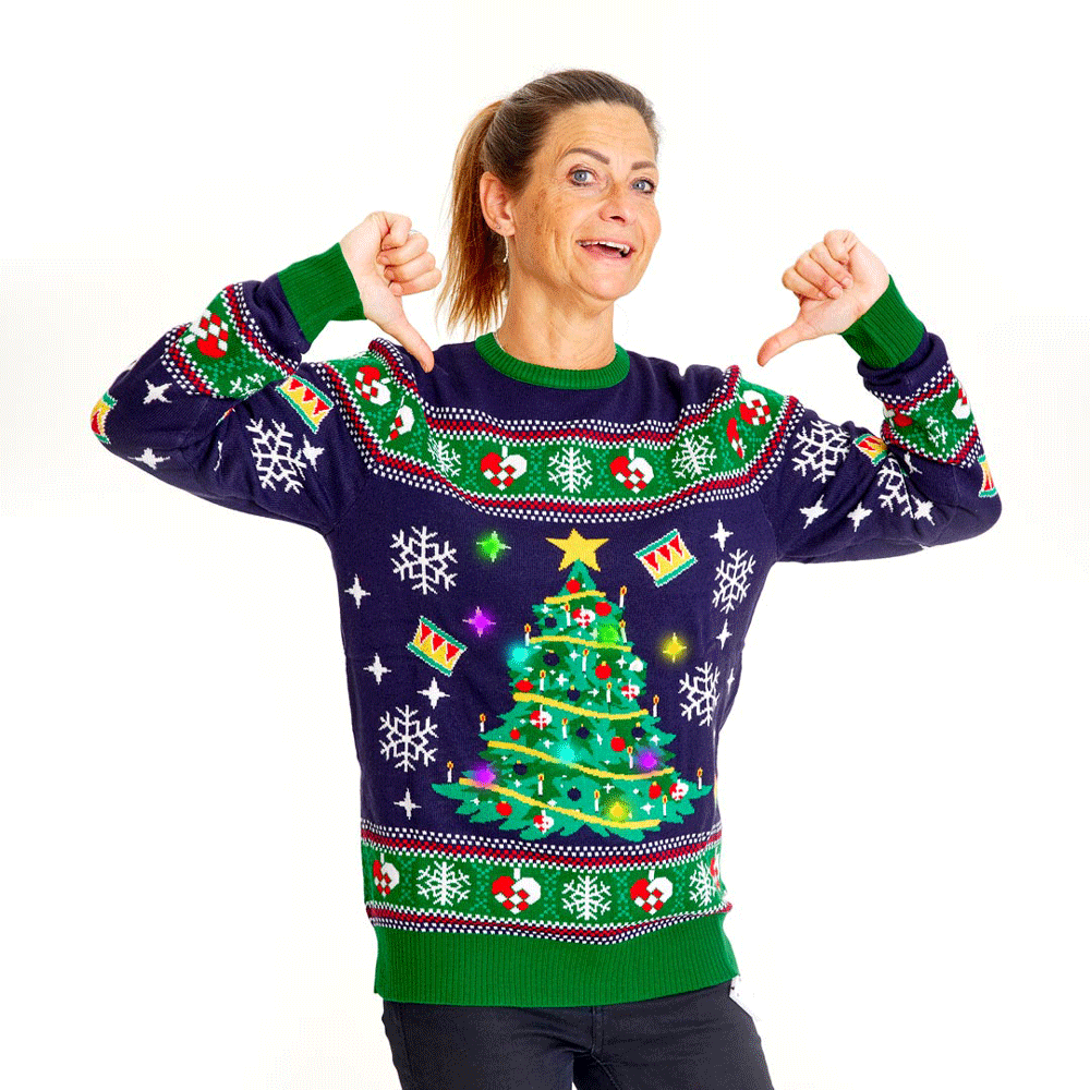 Blue LED light-up Ugly Christmas Sweater with Christmas Tree Womens