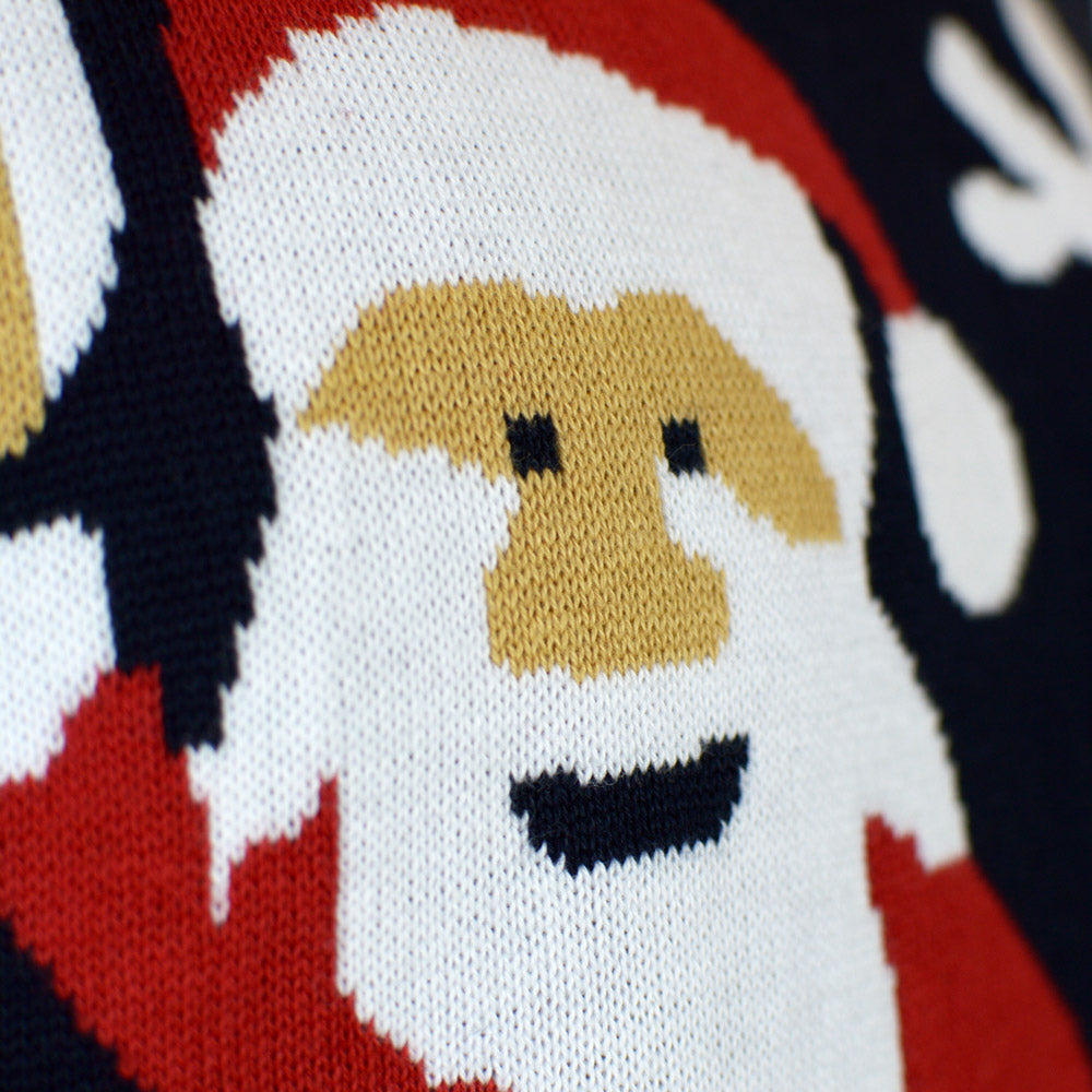 Blue Organic Cotton Family Ugly Christmas Sweater with Santa and Rudolph detail