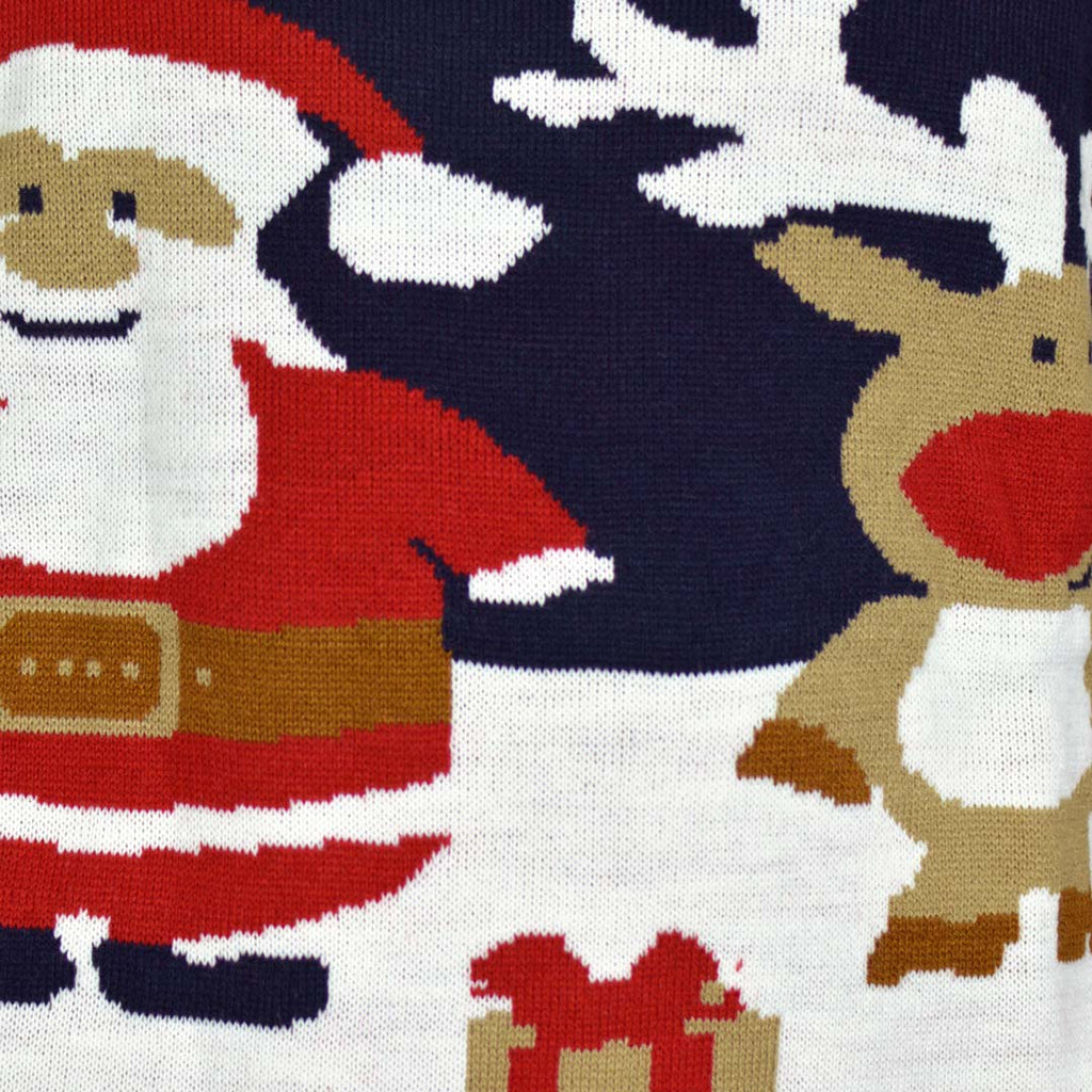 Blue Organic Cotton Ugly Christmas Sweater with Santa and Rudolph Detail