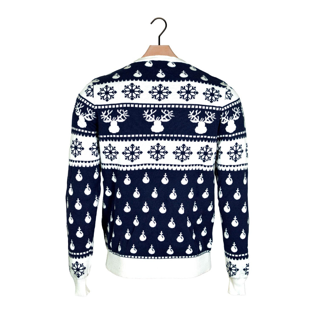 Blue Ugly Christmas Sweater with Reindeers and Snow back