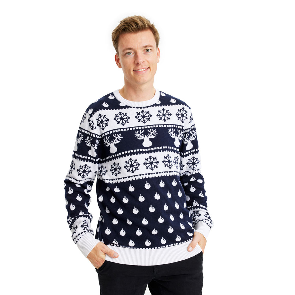 Blue Ugly Christmas Sweater with Reindeers and Snow mens