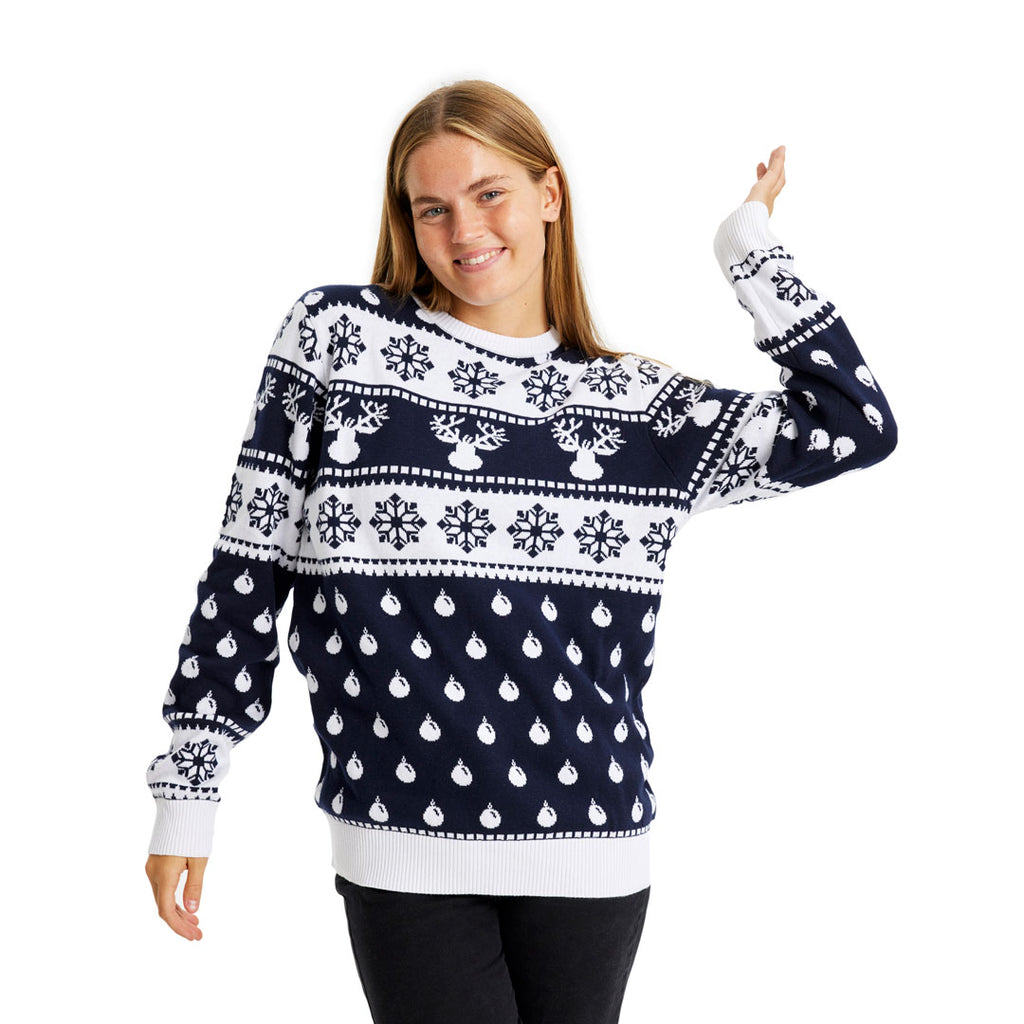Blue Ugly Christmas Sweater with Reindeers and Snow womens