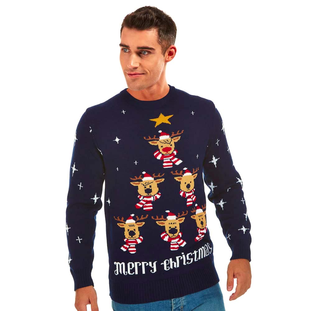 Mens Blue Ugly Christmas Sweater with Reindeers, Christmas Tree and Star