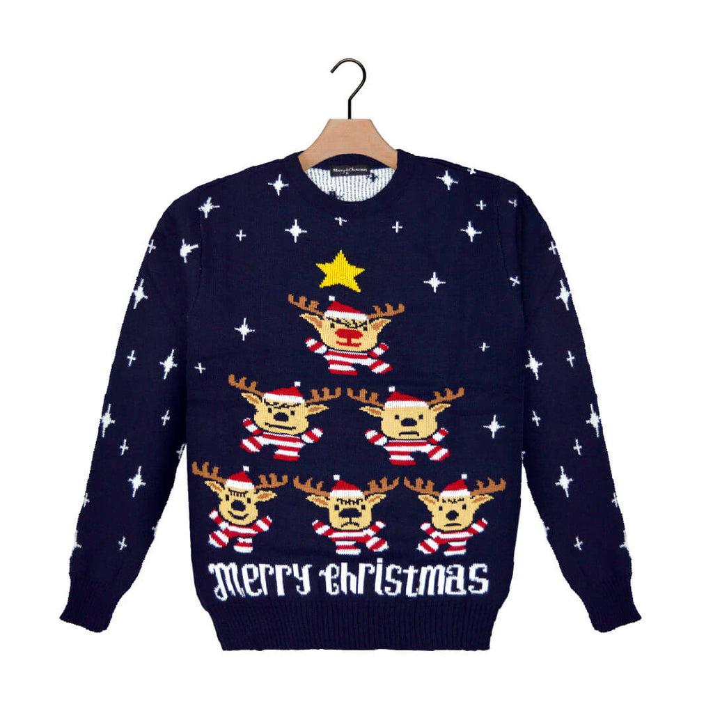 Blue Ugly Christmas Sweater with Reindeers, Christmas Tree and Star