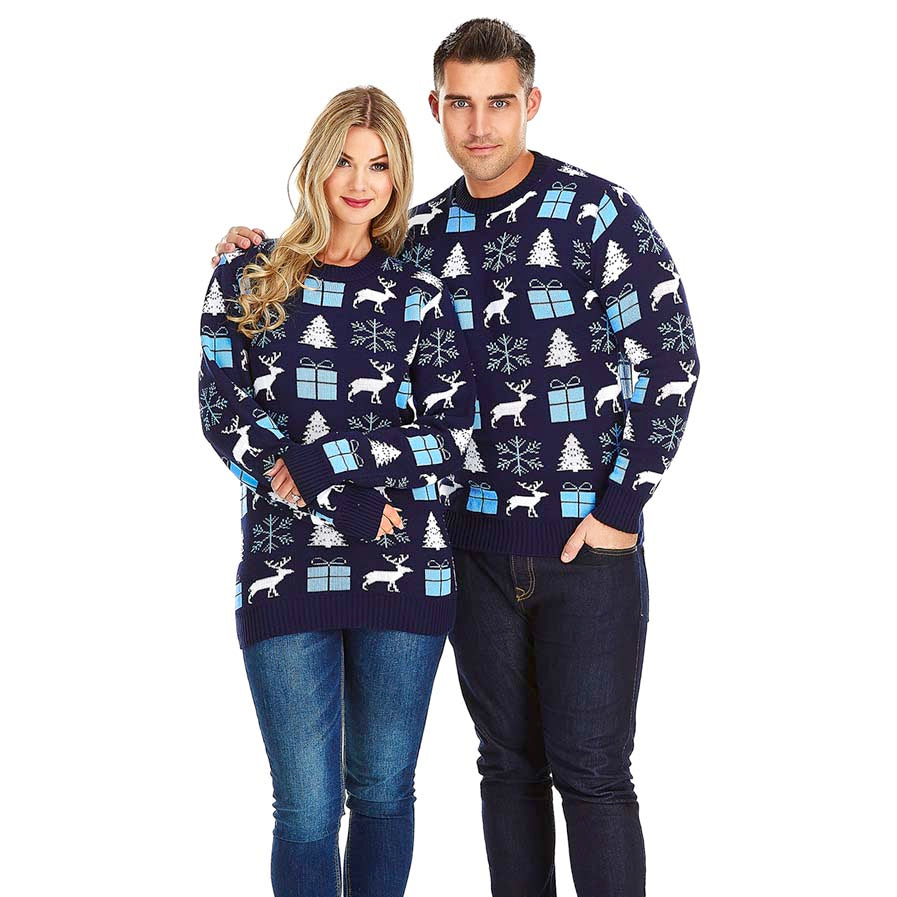 Couple Blue Ugly Christmas Sweater with Reindeers, Gifts and Trees