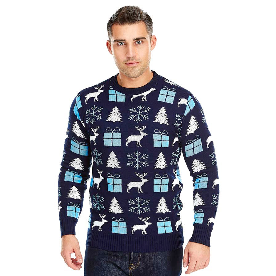 Mens Blue Ugly Christmas Sweater with Reindeers, Gifts and Trees