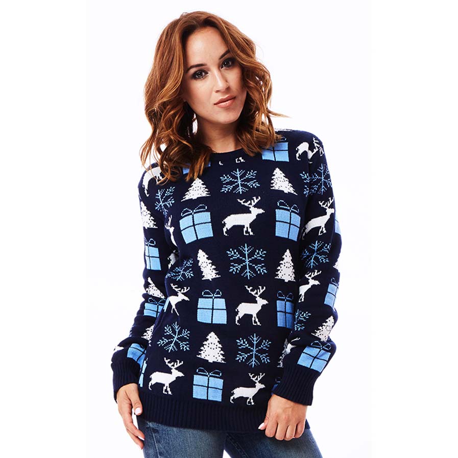 Womens Blue Ugly Christmas Sweater with Reindeers, Gifts and Trees