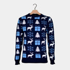 Blue Ugly Christmas Sweater with Reindeers, Gifts and Trees