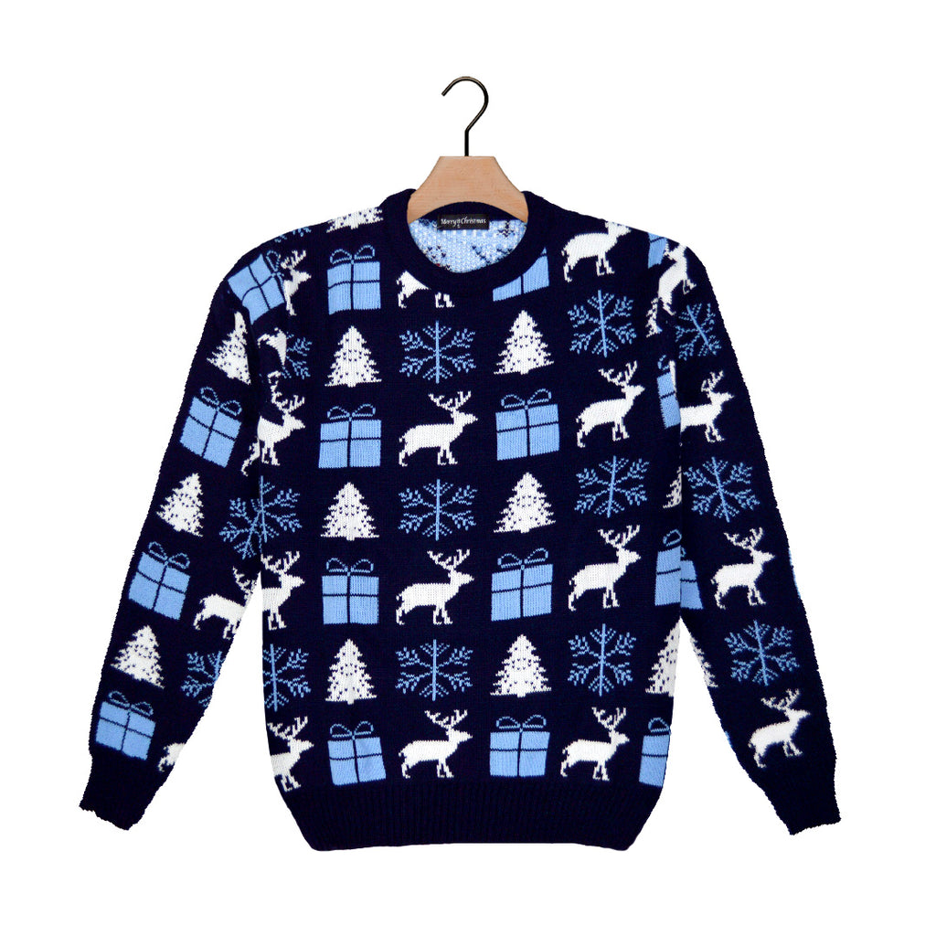 Blue Ugly Christmas Sweater with Reindeers, Gifts and Trees