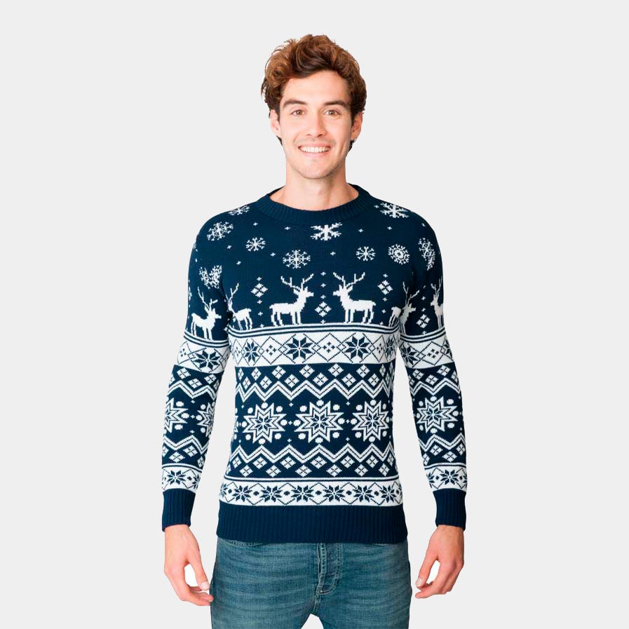 Mens Blue Ugly Christmas Sweater with Reindeers and Nordic Stars 2021