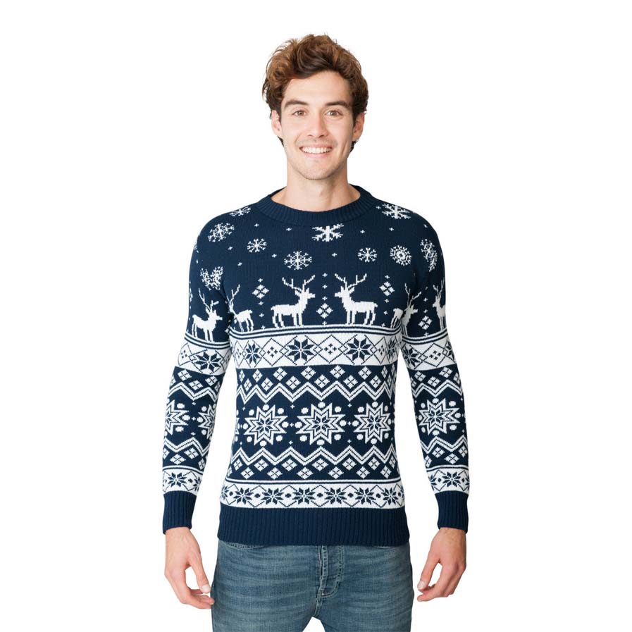 Mens Blue Ugly Christmas Sweater with Reindeers and Nordic Stars 2021