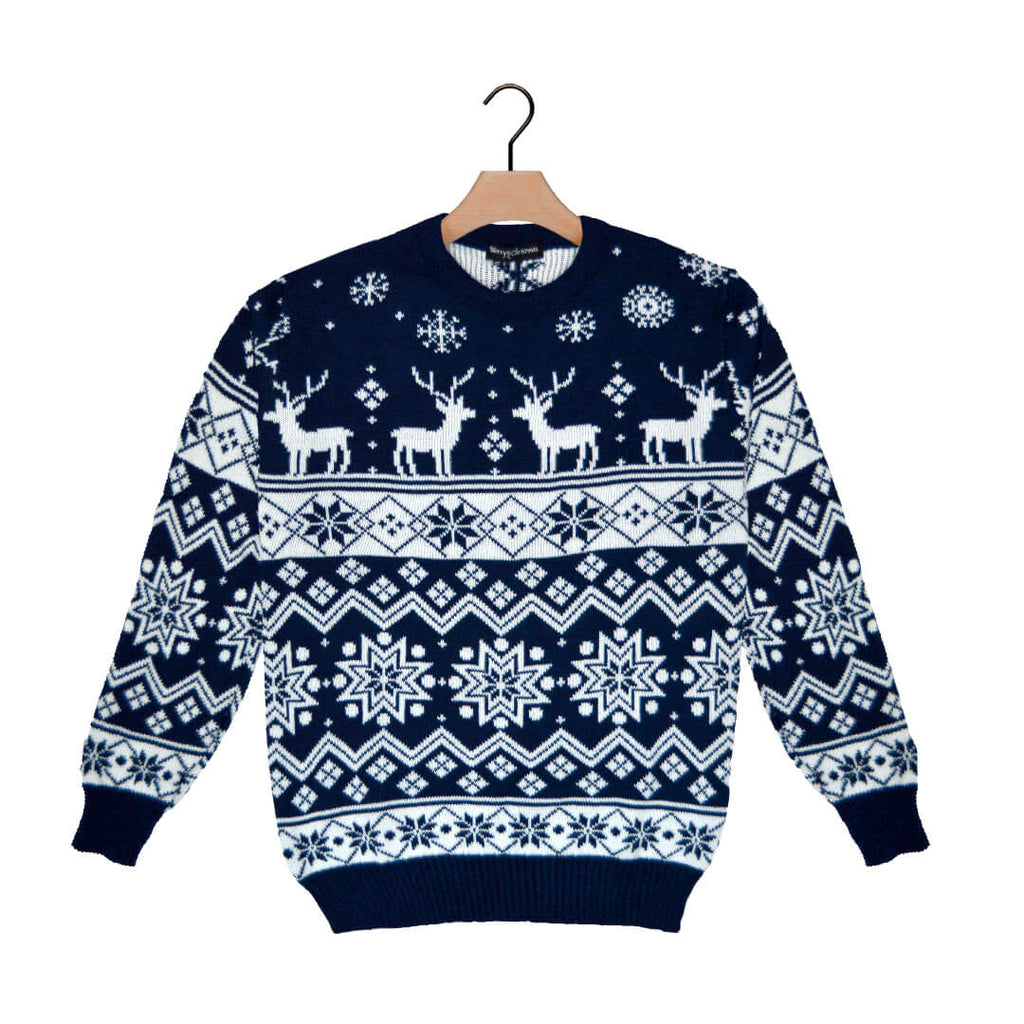 Blue Ugly Christmas Sweater with Reindeers and Nordic Stars 2021