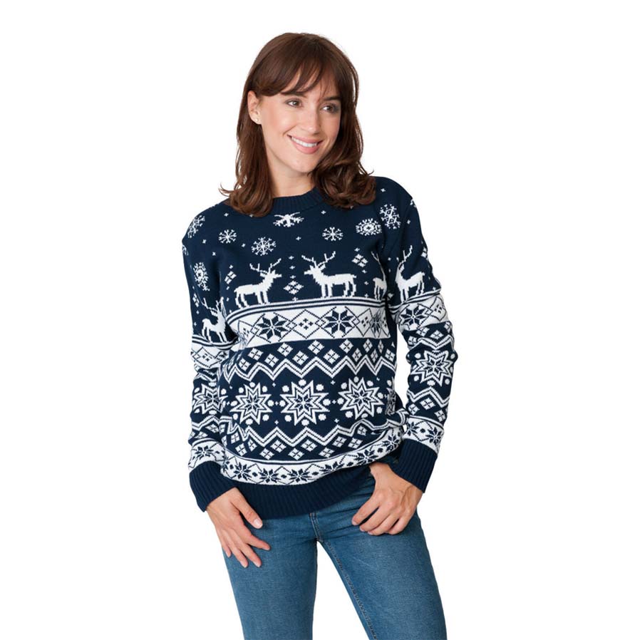 Womens Blue Ugly Christmas Sweater with Reindeers and Nordic Stars 2021