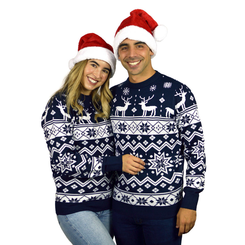 Couples Blue Ugly Christmas Sweater with Reindeers and Nordic Stars