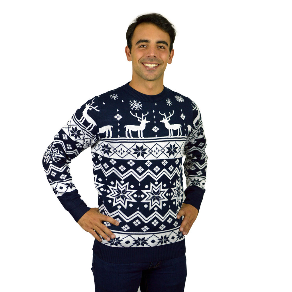 Mens Blue Ugly Christmas Sweater with Reindeers and Nordic Stars