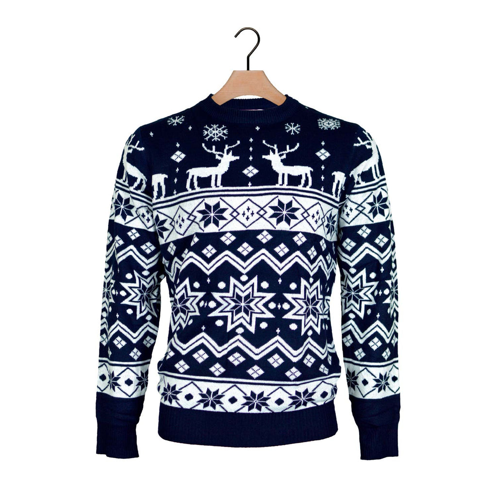 Blue Ugly Christmas Sweater with Reindeers and Nordic Stars