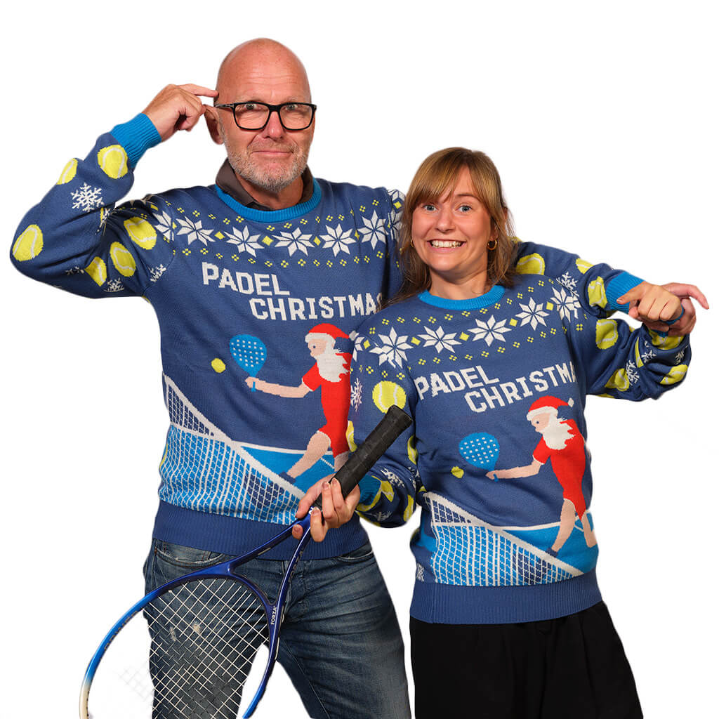 Couples Blue Ugly Christmas Sweater with Santa playing Padel