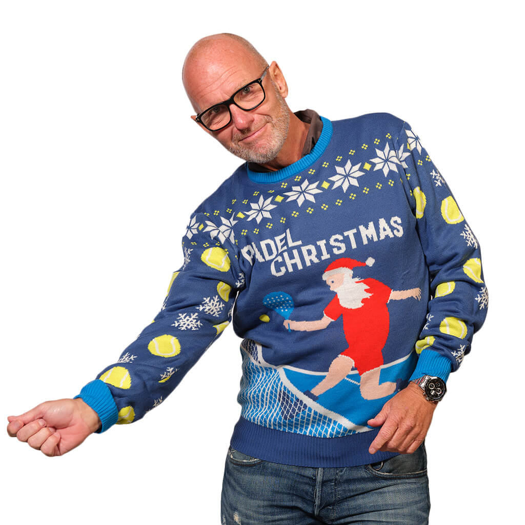 Mens Blue Ugly Christmas Sweater with Santa playing Padel