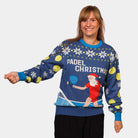 Womens Blue Ugly Christmas Sweater with Santa playing Padel