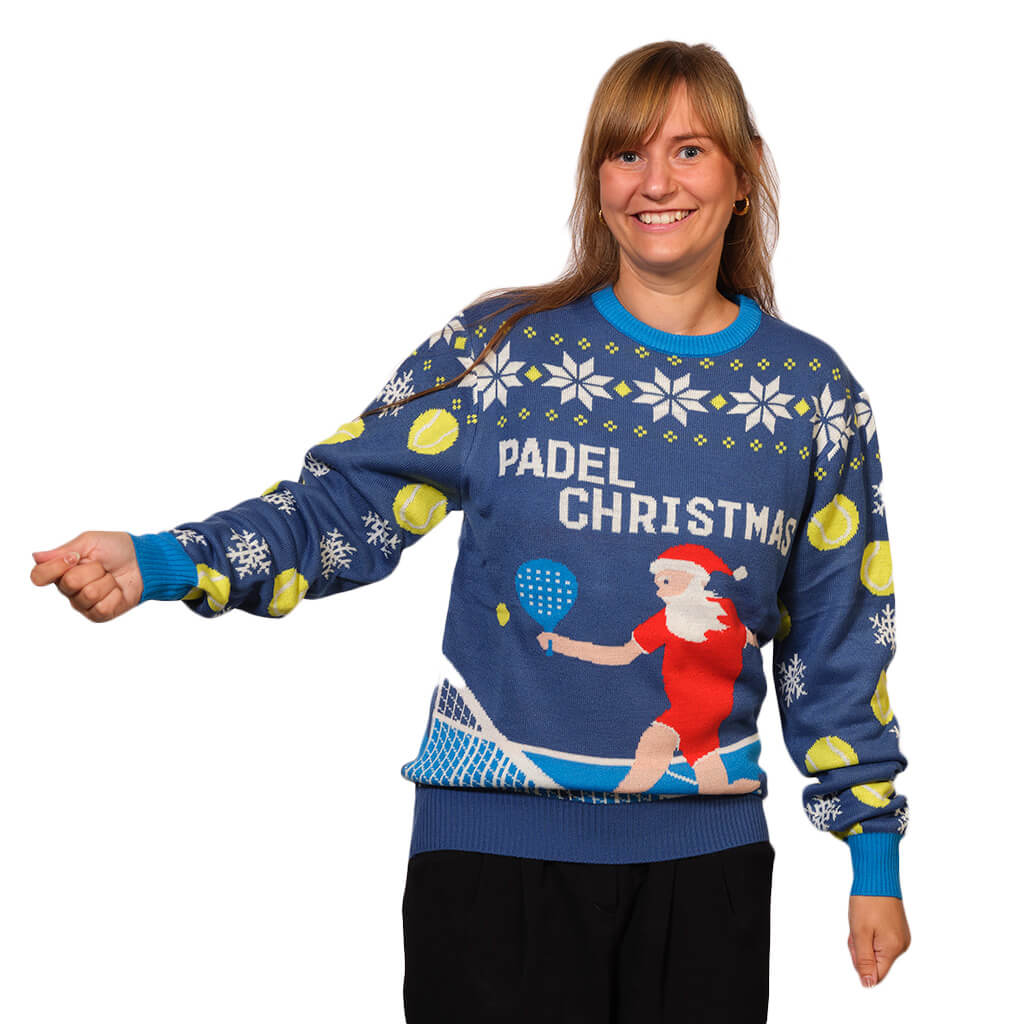Womens Blue Ugly Christmas Sweater with Santa playing Padel