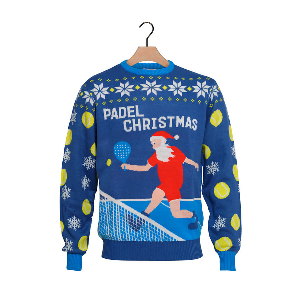 Blue Ugly Christmas Sweater with Santa playing Padel