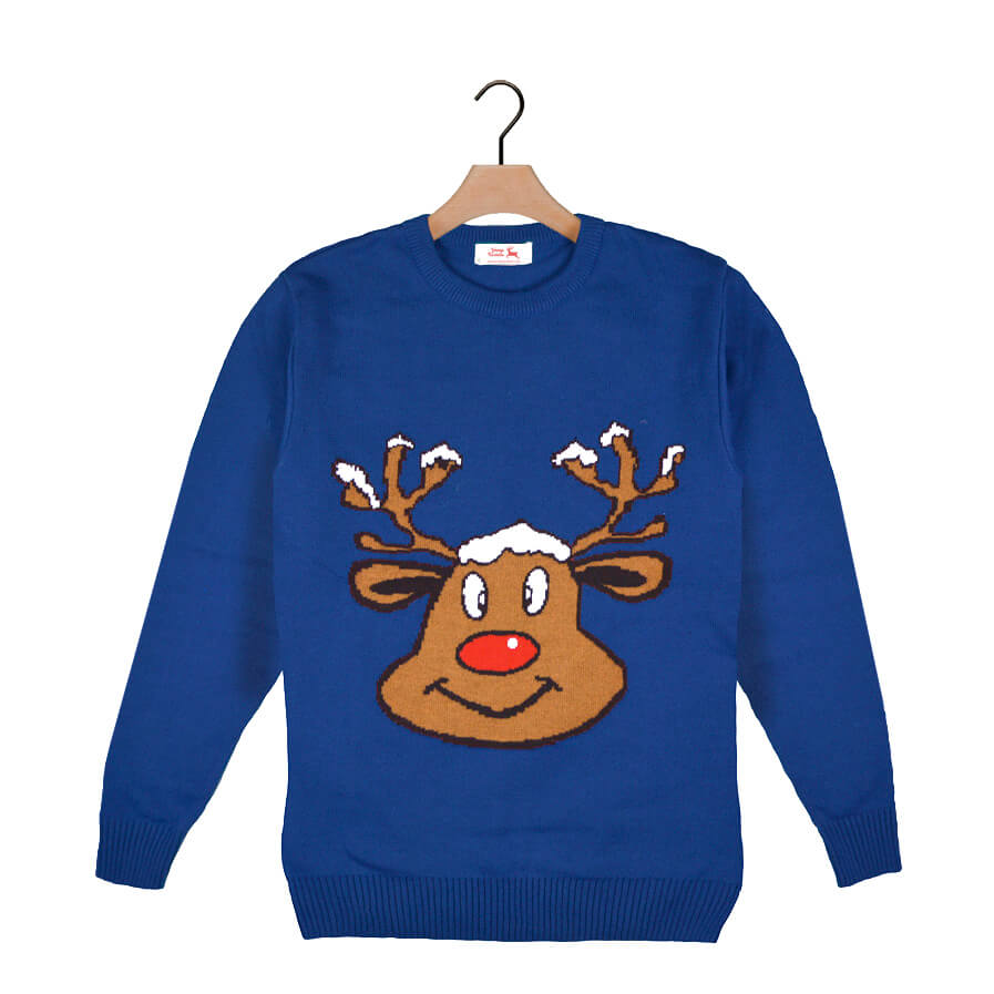 Blue Ugly Christmas Sweater with Smiling Reindeer