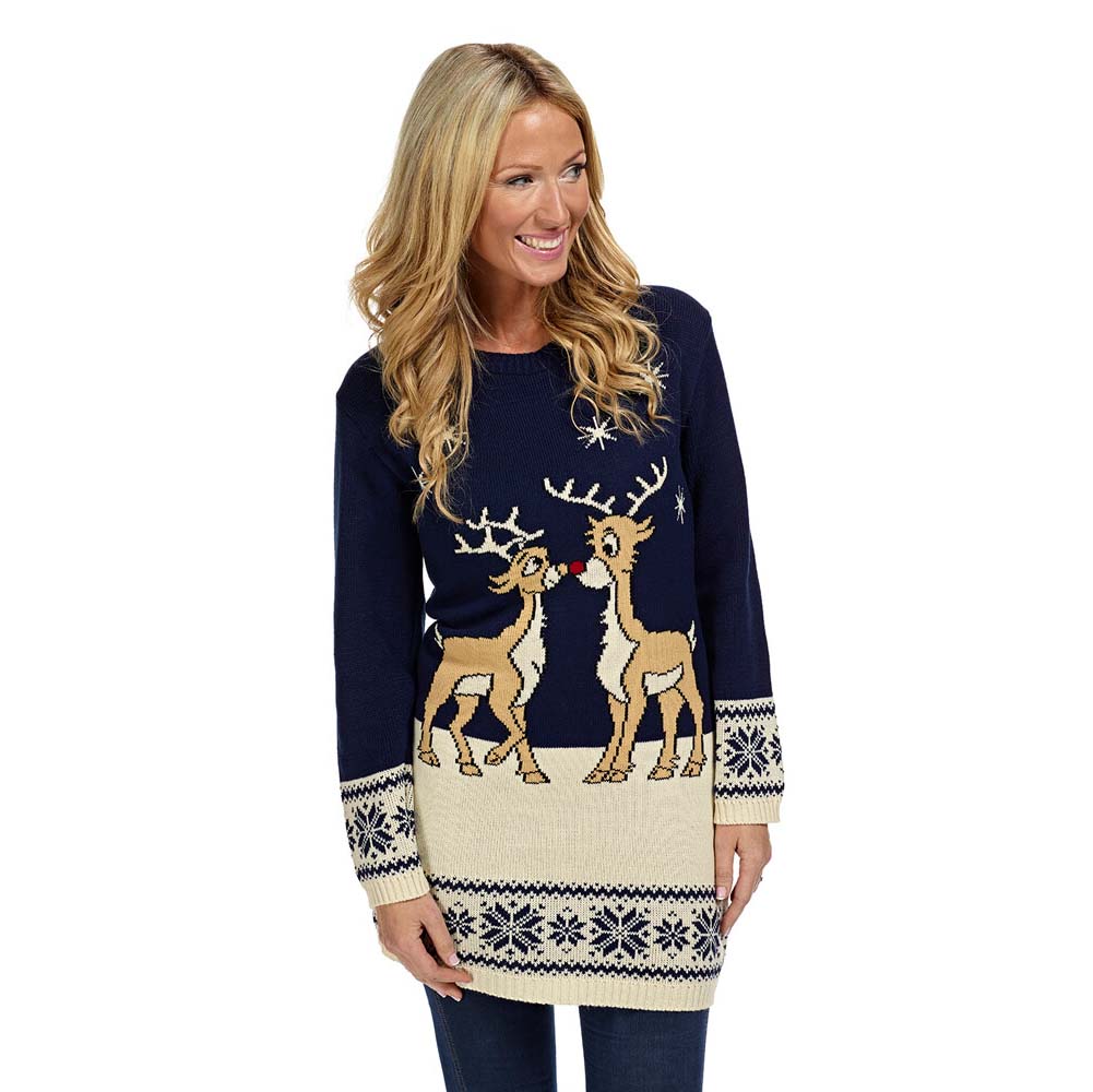 Blue Ugly Christmas Dress with Baby Reindeers Womens