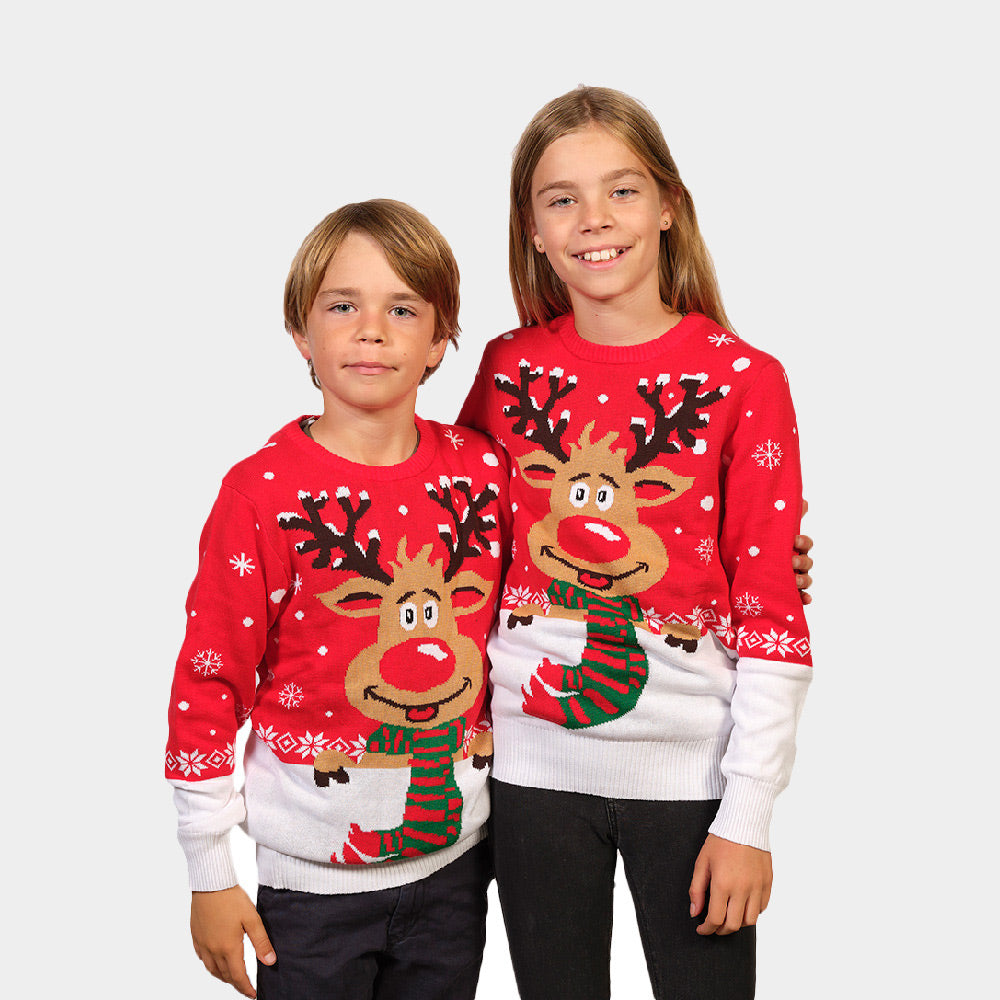 Boys and Girls Ugly Christmas Sweater with Reindeer with Scarf Kids