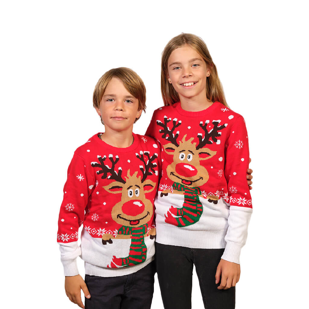 Boys and Girls Ugly Christmas Sweater with Reindeer with Scarf Kids