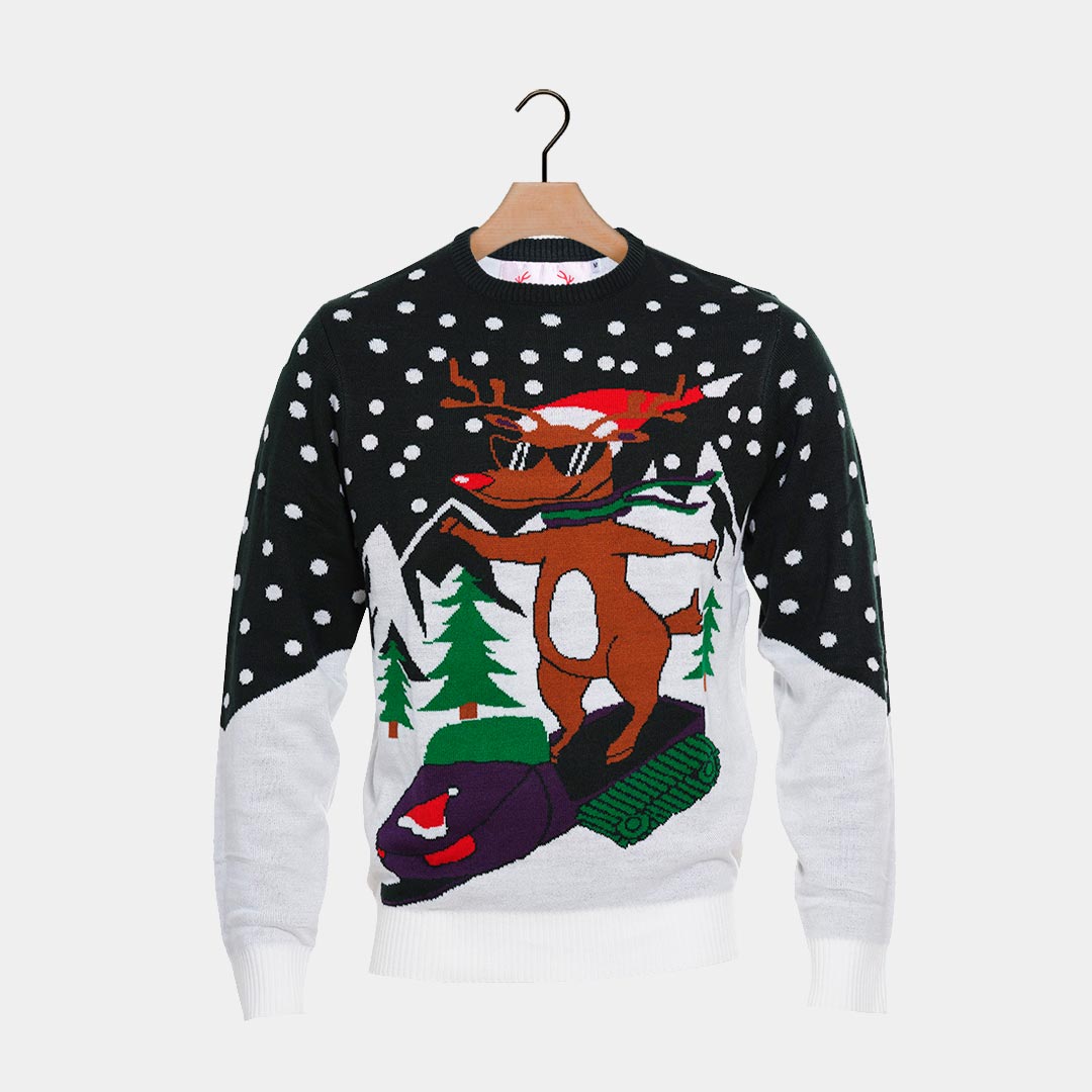 Boys and Girls Ugly Christmas Sweater with Reindeer on Snowmobile