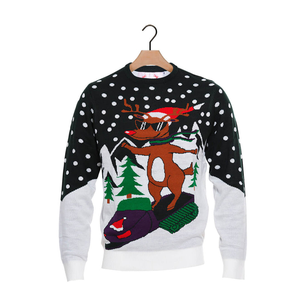 Boys and Girls Ugly Christmas Sweater with Reindeer on Snowmobile