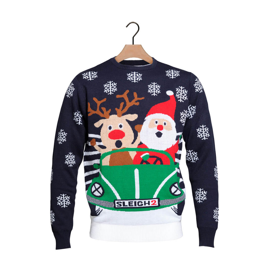 Boys and Girls Ugly Christmas Sweater with Santa and Reindeer Driving
