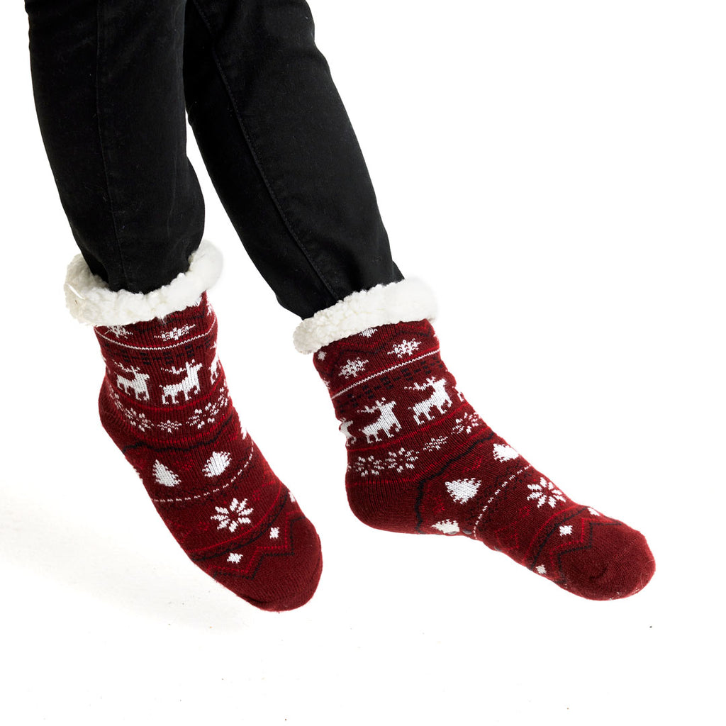 Burgundy Rubber Sole Ugly Christmas Socks with Reindeers womens and mens