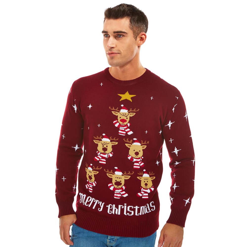 Mens Burgundy Ugly Christmas Sweater with Reindeers, Christmas Tree and Star