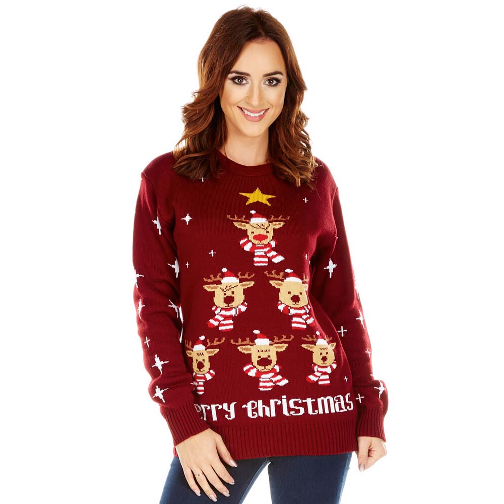 Womens Burgundy Ugly Christmas Sweater with Reindeers, Christmas Tree and Star
