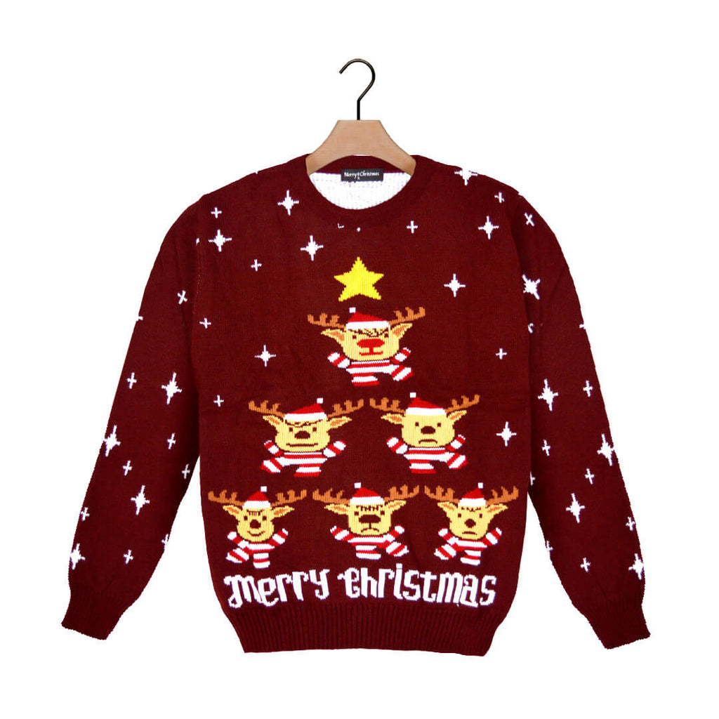 Burgundy Ugly Christmas Sweater with Reindeers, Christmas Tree and Star