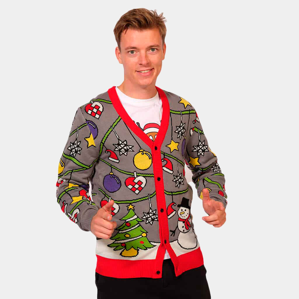 Mens Cardigan Ugly Christmas Sweater with Tree and Snowman