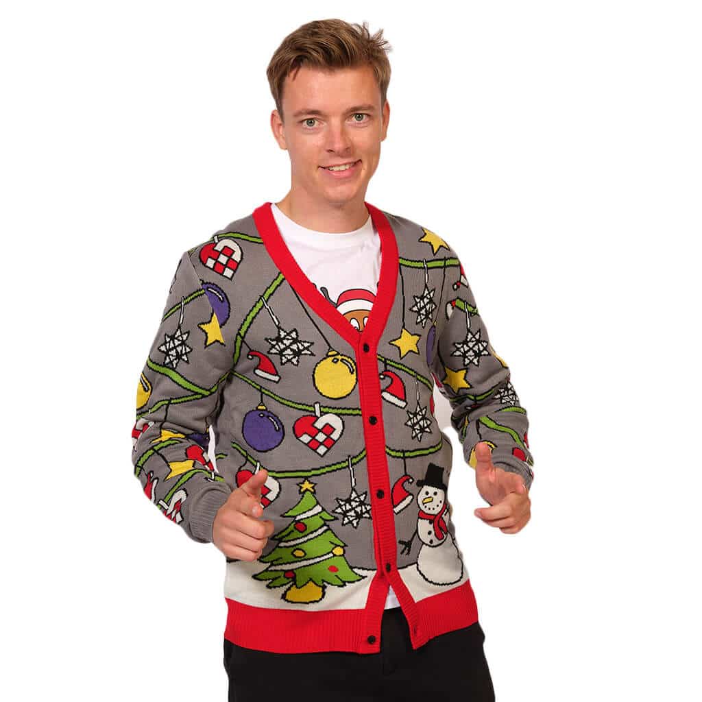 Mens Cardigan Ugly Christmas Sweater with Tree and Snowman