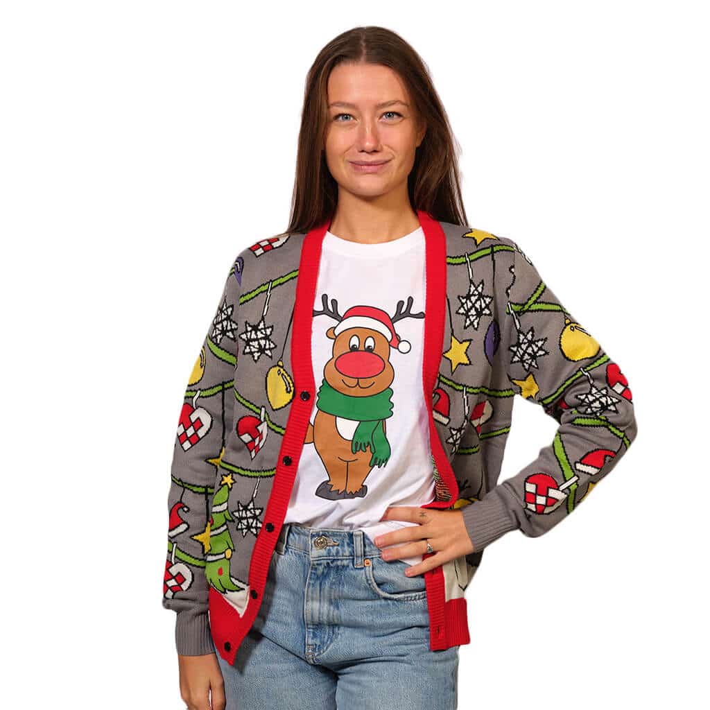 Womens Cardigan Ugly Christmas Sweater with Tree and Snowman