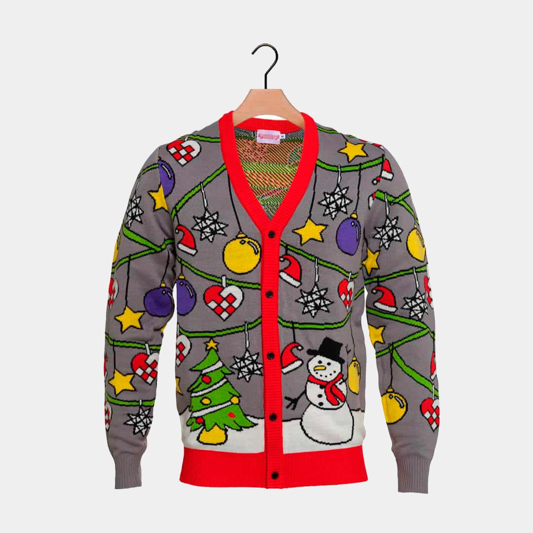 Cardigan Ugly Christmas Sweater with Tree and Snowman