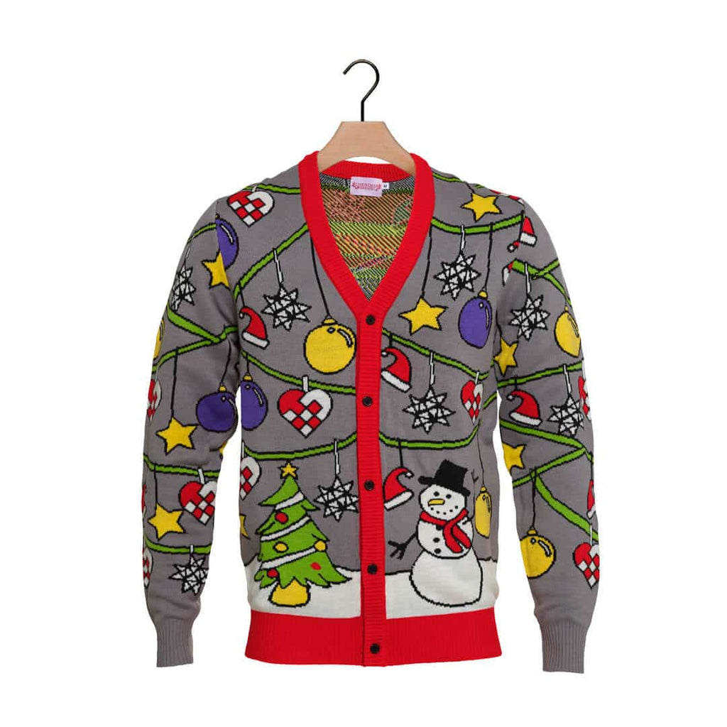 Cardigan Ugly Christmas Sweater with Tree and Snowman