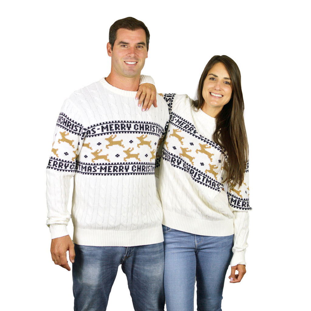 Couple Classy White Family Organic Cotton Ugly Christmas Sweater with Reindeers