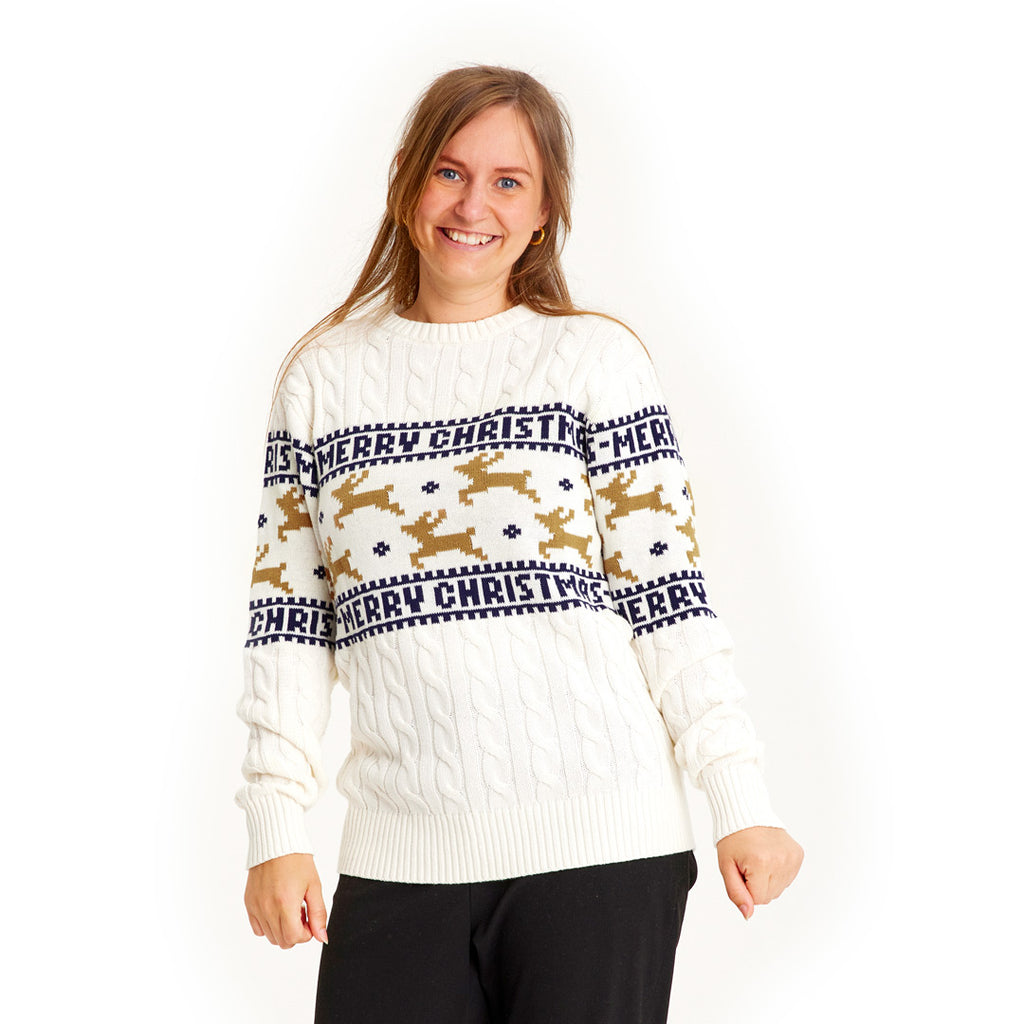 Elegant White Organic Cotton Ugly Christmas Sweater with Reindeers Womens