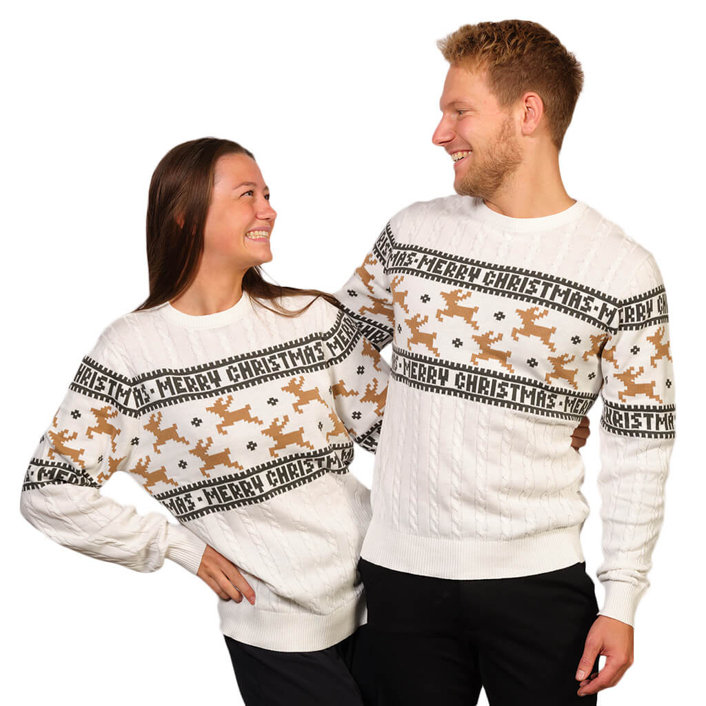 Couples Elegant White Ugly Christmas Sweater with Reindeers