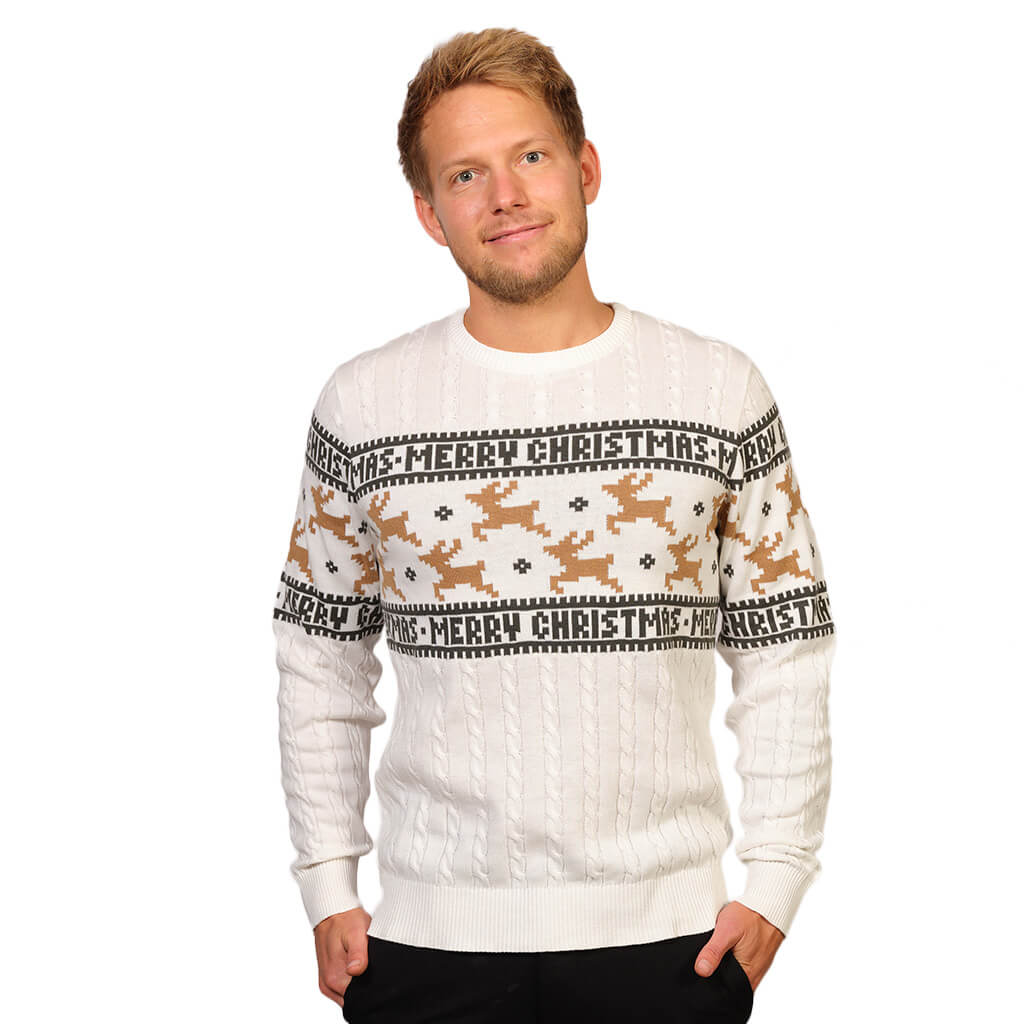 Mens Elegant White Ugly Christmas Sweater with Reindeers