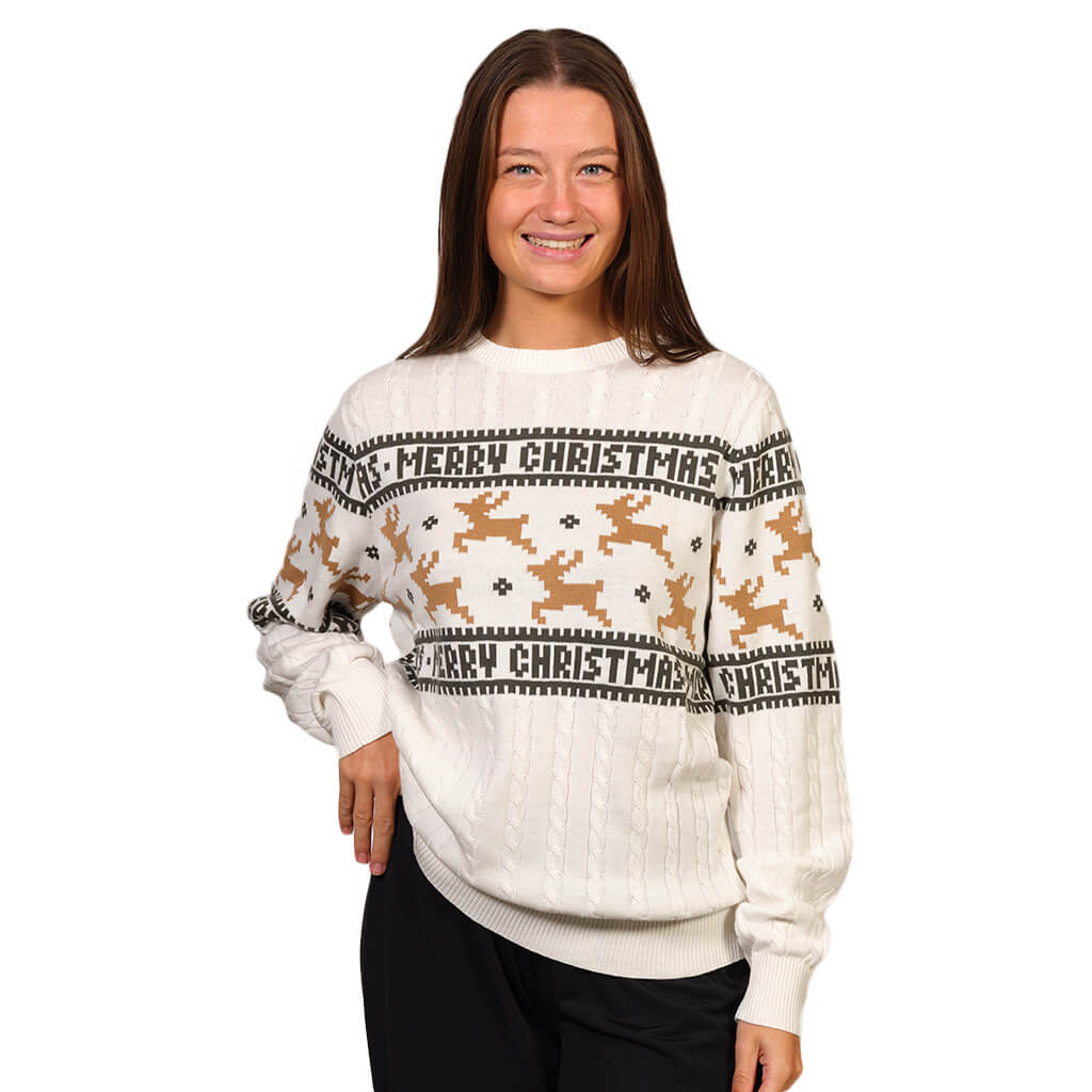 Womens White Classy  Ugly Christmas Sweater with Reindeers