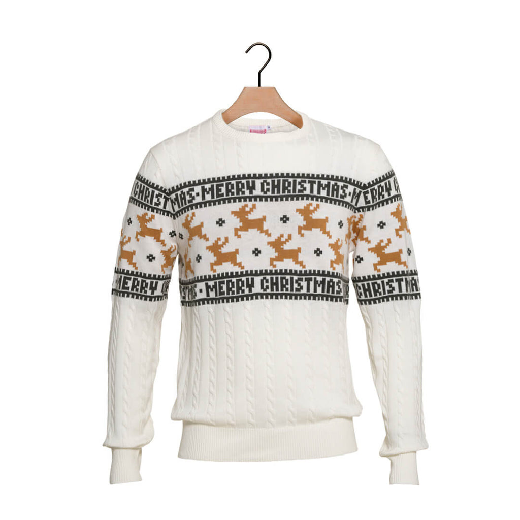 White Classy Ugly Christmas Sweater with Reindeers