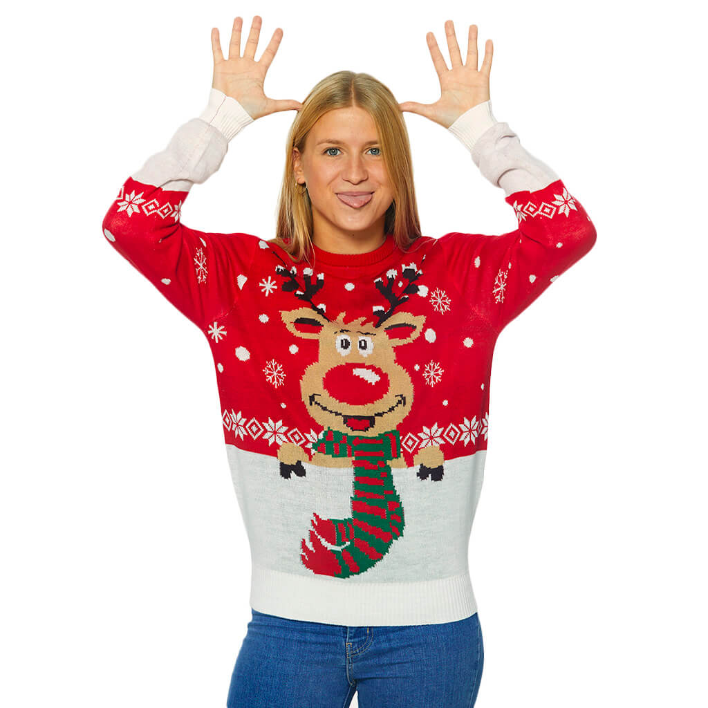 Womens Family Ugly Christmas Sweater with Reindeer with Scarf