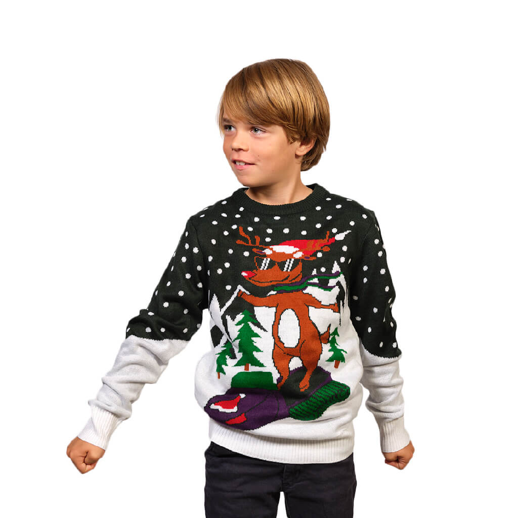 Boys Family Ugly Christmas Sweater with Reindeer on Snowmobile